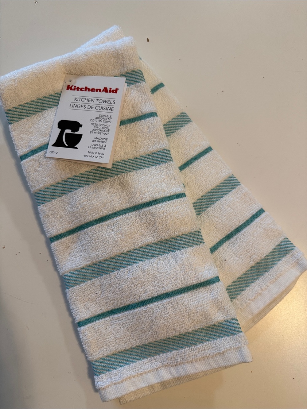 Kitchenaid set of 2 kitchen towels cotton absorbent new white aqua blue